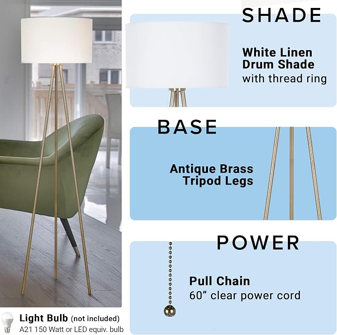Catalina Lighting Mid-Century Modern Tripod Floor Lamp, Standing Lamp, Living Room Floor Light, LED Bulb NOT Included, 61.25", Antique Brass