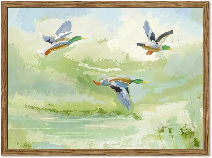 Vintage Mallard Duck Wall Art Cottagecore Flying Ducks Wall Decor Painting Rustic Bird Animal Landscape 3D Textured Hand Drawn Sandstone Artwork for Living Room Bedroom 16x24 inch Framed