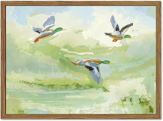 Vintage Mallard Duck Wall Art Cottagecore Flying Ducks Wall Decor Painting Rustic Bird Animal Landscape 3D Textured Hand Drawn Sandstone Artwork for Living Room Bedroom 16x24 inch Framed