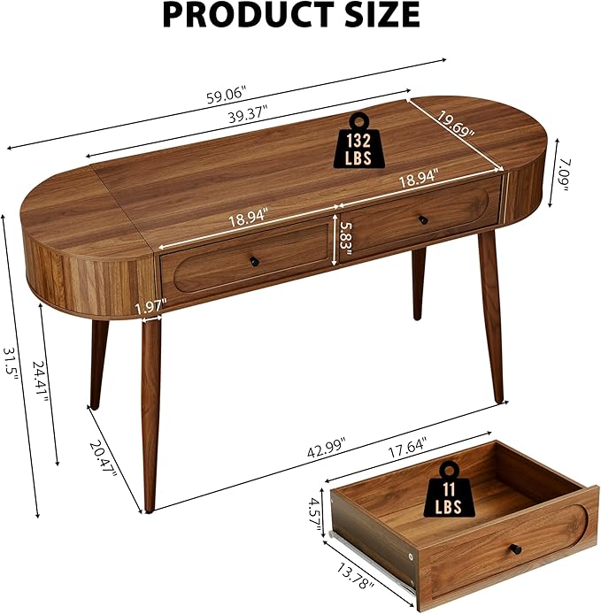 Mid-Century 59" Wood Writing Desk, Home Office Computer Laptop Desk with 2 Flip Storage Space + 2 Drawer, 150 CM Elegant Fluted Vanity Table Multifunctional Study Desk for Office, Bedroom (Wlanut)