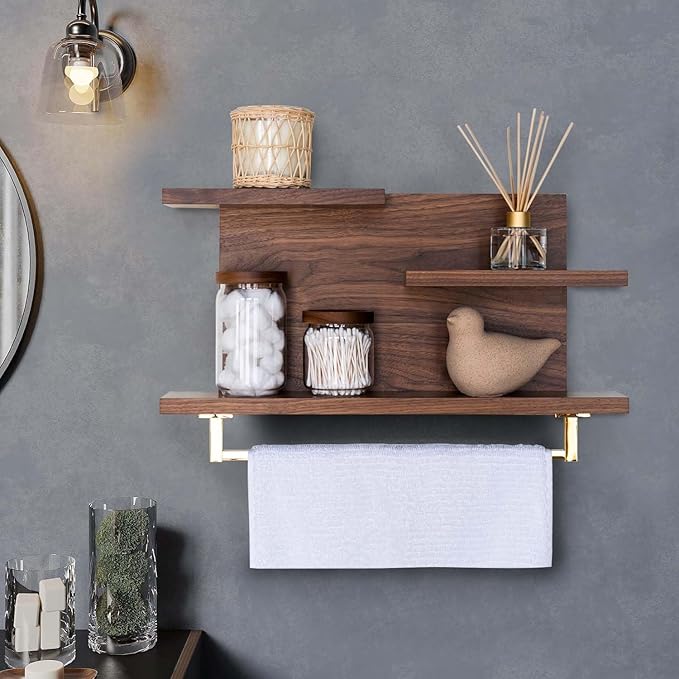 Straga Rustic Wall Mounted Bathroom Shelves - 23" Solid Walnut Hardwood Shelf Organizers with a Choice of 18" Towels Holder - A Modern Addition to Your Bathroom, Powder Room, Housewarming Gift