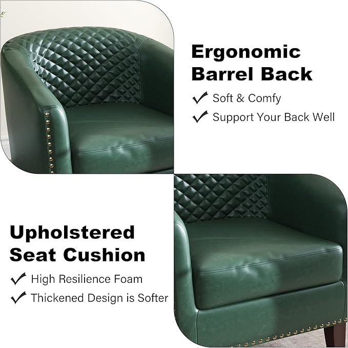 Accent Barrel Chair, Upholstered Faux Leather Club Chair with Nailed Trim, Comfy Reading Armchair for Living Room Bedroom Reception Room Office (Dark Green, Set of 1)