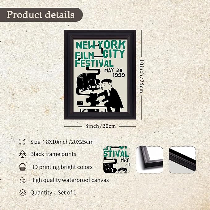 1999 NYC Film Festival Canvas Poster Vintage New York Movie Wall Art Modern Trendy Minimalist Abstract Prints for Apartment Bedroom Dorm Wall Decor 08x10 inch Vintage Framed
