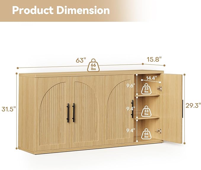63" Fluted Buffet Cabinet with Storage, Modern Symmetrical Arched Sideboard Credenza with Adjustable Shelf, Elegant Wood Console Table for Dining Room, Kitchen, Living Room(Oak)