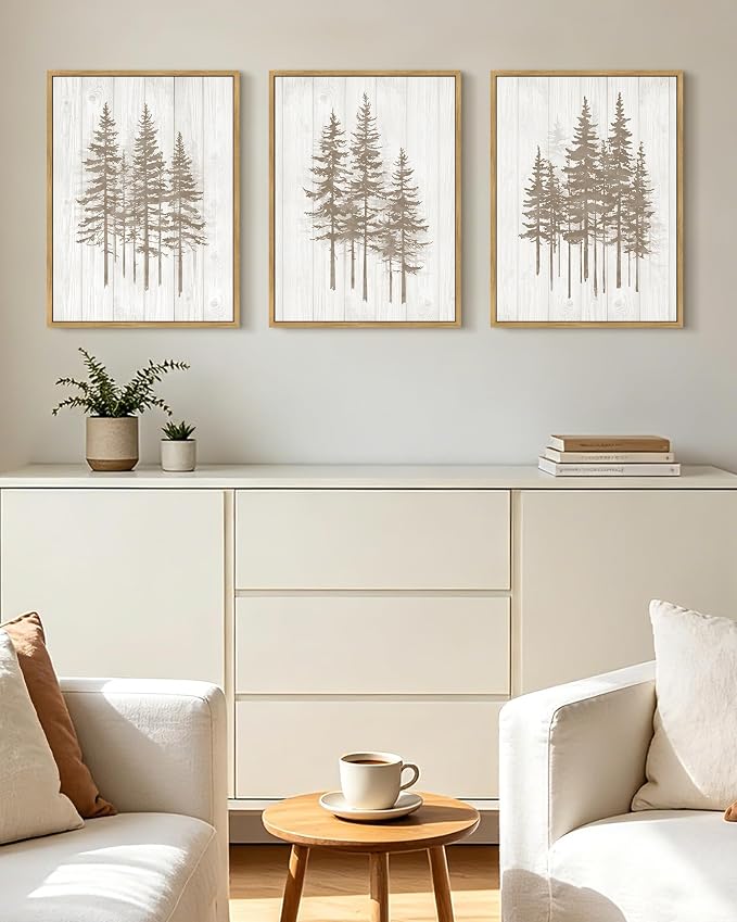 KUVIOKE Foggy Misty Pine Tree Framed Wall Art Watercolor Nature Abstract Forests Wall Decor Rustic Minimalist Painting for Bedroom Dining Room 12x16in (Natural Framed)