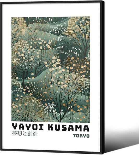 Yayoi Kusama Inspired Poster Japanese Botanical Wall Art Abstract Yayoi Kusama Print Modern Ukiyo-e Japanese Gallery Wall Decor 20x30in Black Framed for Home Bedroom Decorations