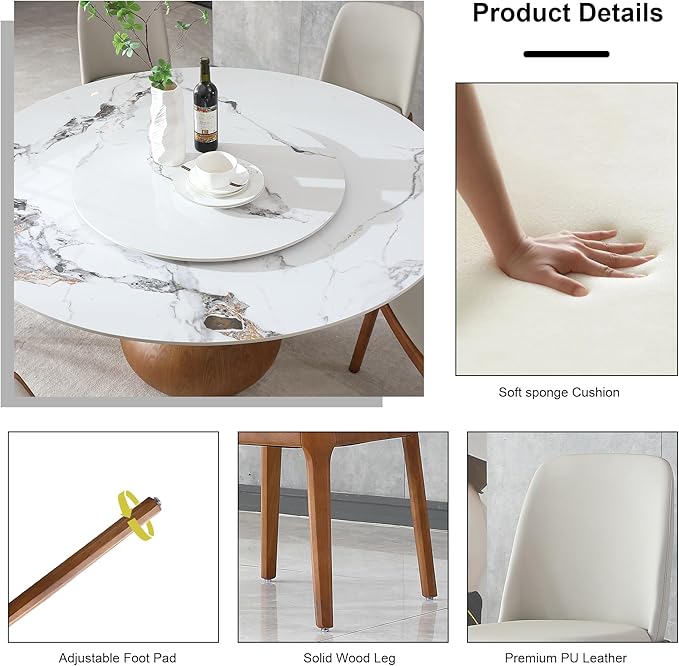 Marble Dining Table, 59" Round Sintered Stone Table with 6 Chairs for Dining Room, Kitchen, Dinette, Compact Space with Lazy Susan