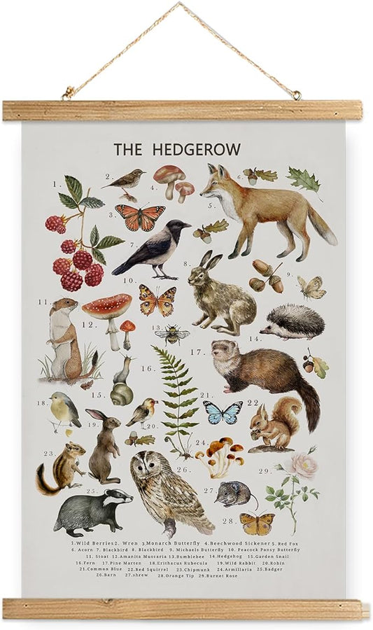 XIAOAIKA British Hedgerow Wildlife Educational Poster - Illustrated Nature Chart with Wooden Frame - Countryside Animals and Plants Wall Art for Home, School, or Nature Reserve Decor 16 x 23 Inches