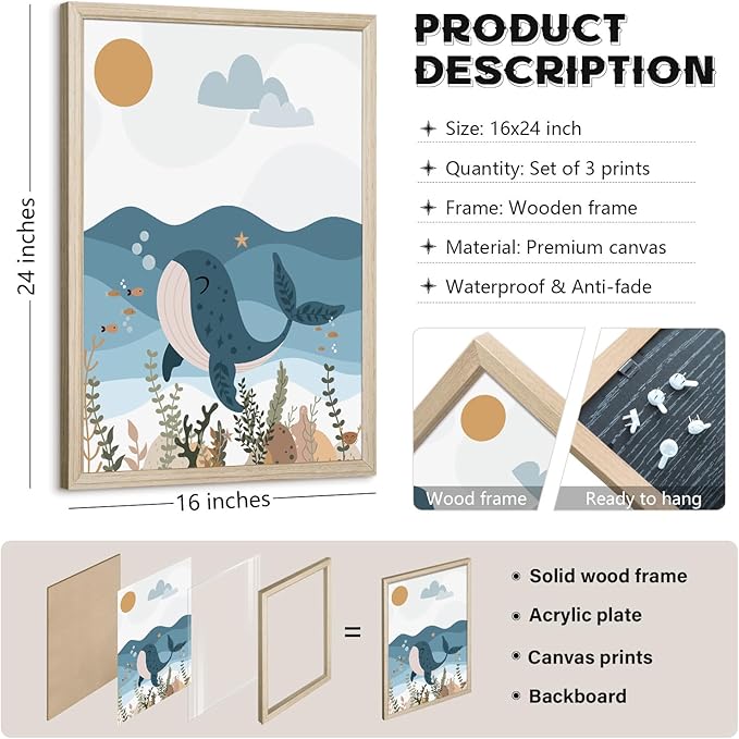 Ocean Nursery Wall Art Pictures Blue Nautical Canvas Art Beach Animal Wall Decor Baby Boys Room Wall Art Sea Whale Prints Ocean Nautical Poster for Nursery Baby Room 16x24 Inch Set of 3 Wood Framed