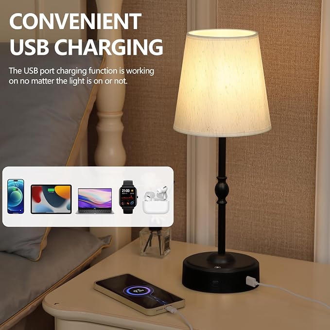 MEIXISUE Cordless Rechargeable LED Table Lamp with Dimmer,Black Portables Desk Lamp,Small Bedside Lamp,Battery Operated Lamp for Patio Balcony Corner Camping Bar RV