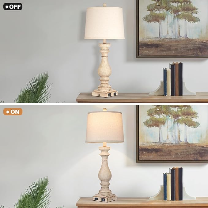 27.5" Tall Farmhouse Lamp,Vintage Bedside Nightstand Lamps with USB Charging Ports A/C,3-Way Dimmable Touch Control Retro Lamp for Bedroom Living Room,Single Beige