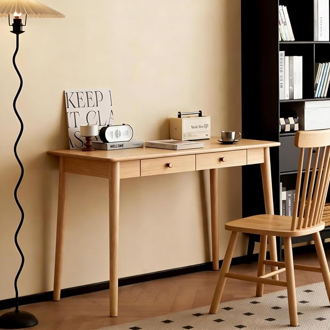Mid Century Modern Desk, Wood Home Office Computer Desk with 2-Drawers, Vintage Writing Desk Workstation for Study, Bedroom(47.2 inch, Natural)