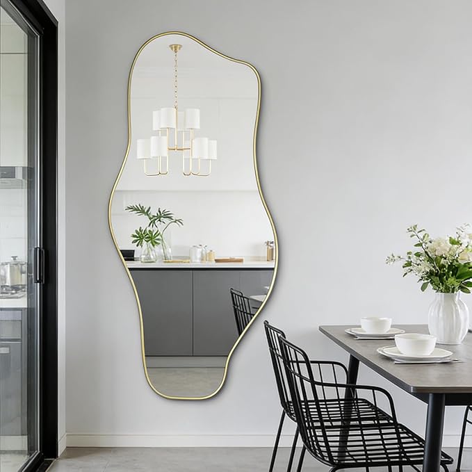 Large Irregular Frameless Mirror, 63"x30" Asymmetrical Full Length Mirror for Dressing, Gold Modern Abstract Tempered Glass Mirrors for Living Room Bathroom Bedroom Hallway Entryway