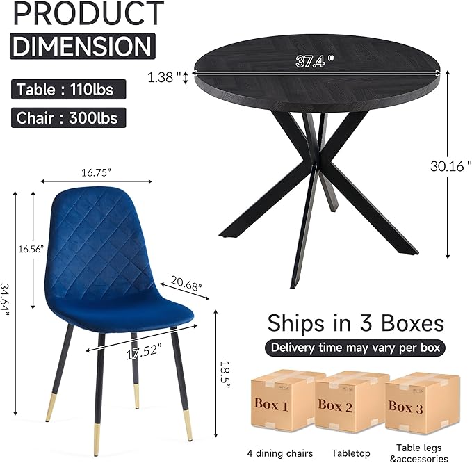 Mid Century Black Round Dining Table Set for 4, 37" Modern Small Kitchen Circle Table & 4 Velvet Side Chairs, Space Saving, Dinette for Home, Apartment, Dining Room, Navy Blue