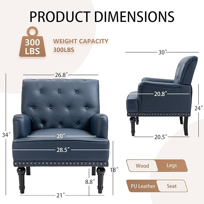 MOJAY Faux Leather Accent Chair Set of 2, Mid-Century Modern Living Room Chair Lounge Study Sofa Chair with Sturdy Wood Legs, Club Chair Armchair for Bedroom Home Study Reception (DarkBlue)