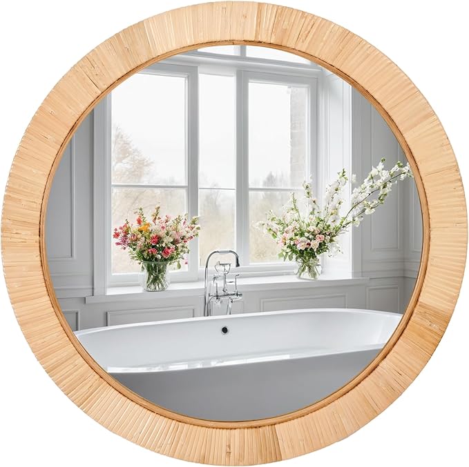 FUIN 20" Boho Round Rattan Mirror – Handwoven Wicker Wall Mirror for Nursery, Farmhouse & Coastal Décor