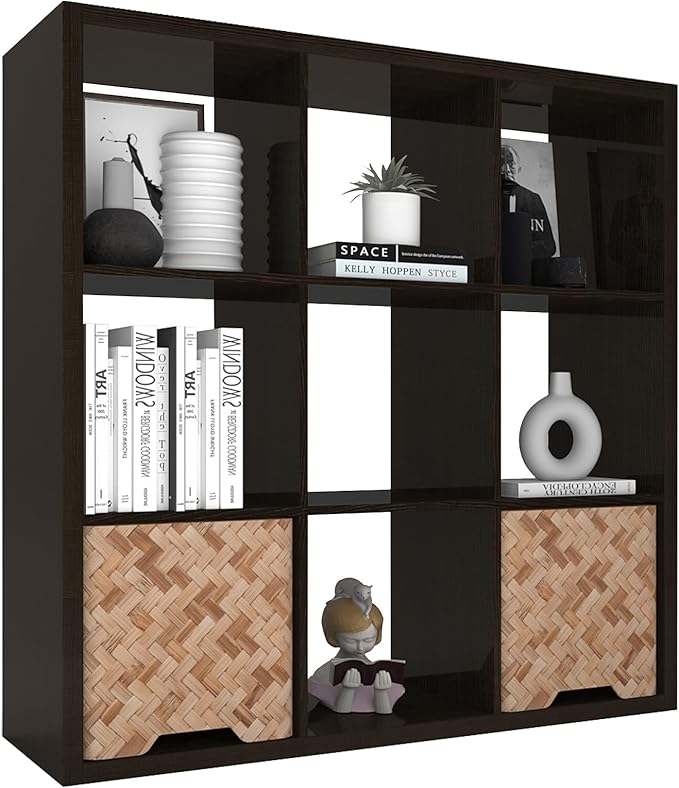 Endearing Limons【2026 Wooden Thick Border 9 Cube Shelf Storage Organizer with Anti-Tipping Kits + Reversible Open Back Bookcase (11 x 11 Unit Cell Chocolate)