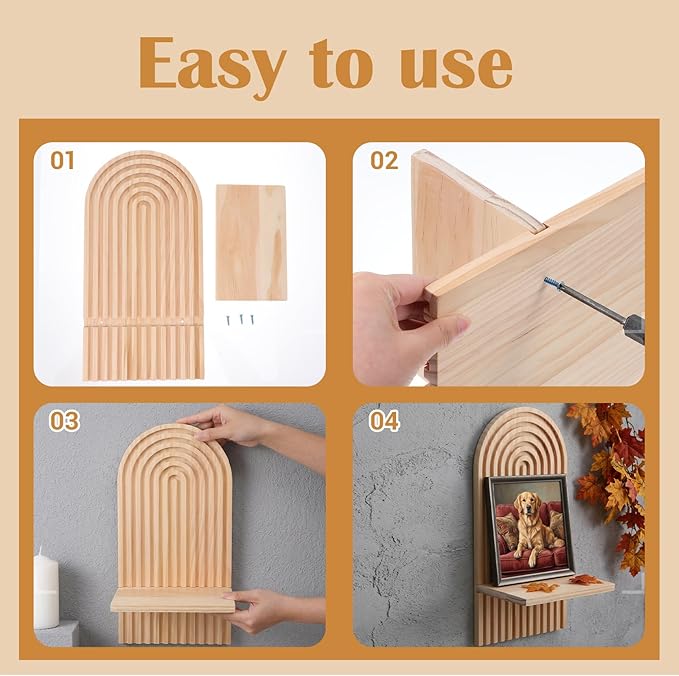 3 Pack Boho Wall Decor Set, 7” x 4.5” x 13.8” Natural Solid Wood Arch Wall Shelves, Mid-Century Modern 3D Hanging Shelves for Living Room, Bedroom, Bathroom, Farmhouse Candle Holder & Display