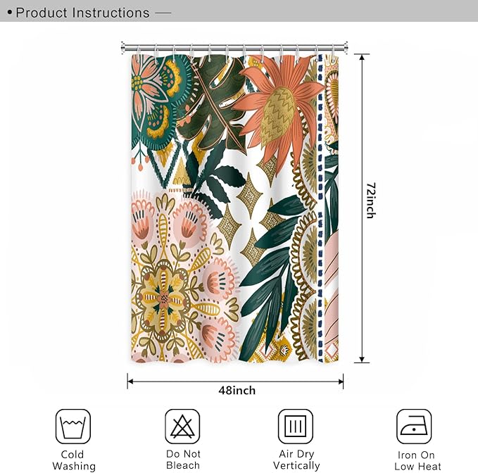 Bohemian Floral Bathroom Shower Curtain - Colorful Boho Leaves Flowers with Hooks - Polyester Waterproof Fabric Paisley Unique Trendy Woman Shower Curtain Decor, 48x72 Inch