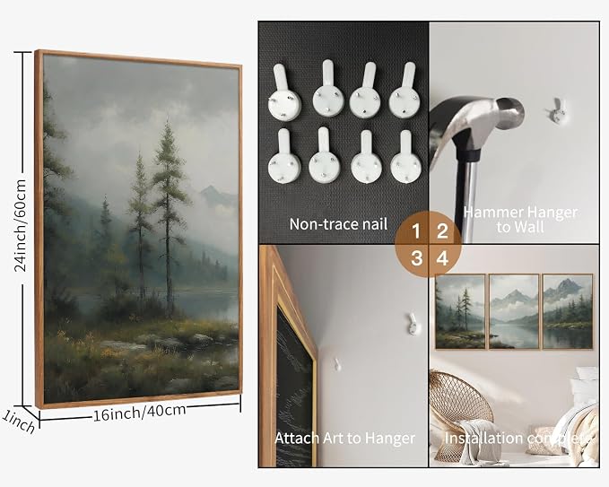 SIGNINART Large Green Forest Framed Canvas Wall Art Set, Misty Mountain Lake Wall Decor, Modern Foggy Wood Landscape Artwork, Nature Oil Painting Art Print for Living Room, Bedroom, Office 16"x24"x3