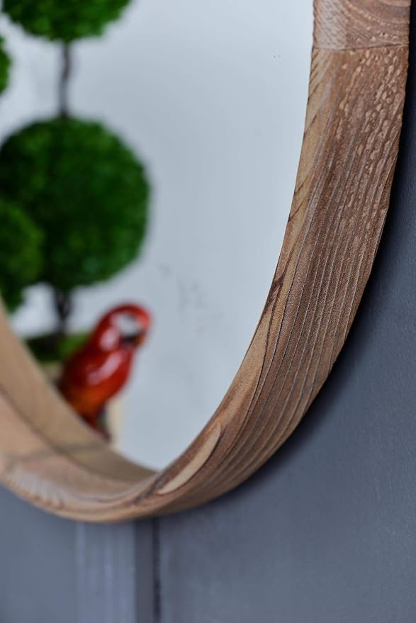 A&B Home 28'' Round Wood Mirror Natural Modern Wall Mirror Bathroom Mirror Decor Foyer Living Room Decorations
