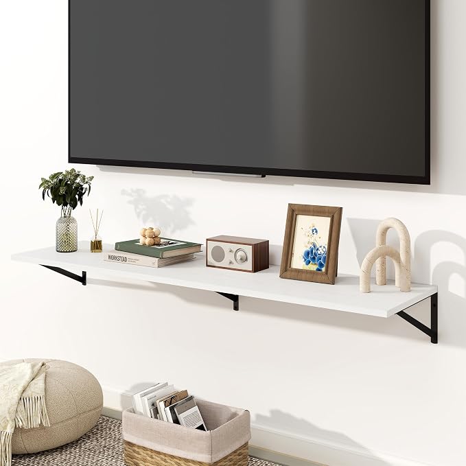 Fun Memories Floating Shelves for Wall, 12 Inch Deep Floating Shelves Set of 2, 55W x 12D Large Wall Shelf with Sturdy Metal Brackets for Living Room, Bathroom, Bedroom and Kitchen, White