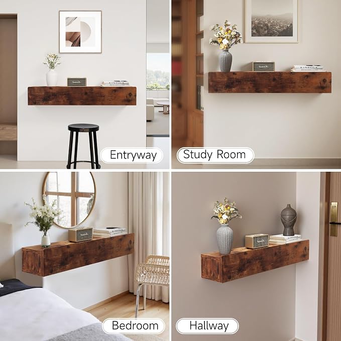 Floating Solid Wood Console Table, 32'' Wall Mounted Narrow Entryway Table with Storage Shelf, Modern Couch Shelves Small Entry Way Tables for Entryway, Front Hall, Hallway (Rustic Brown)