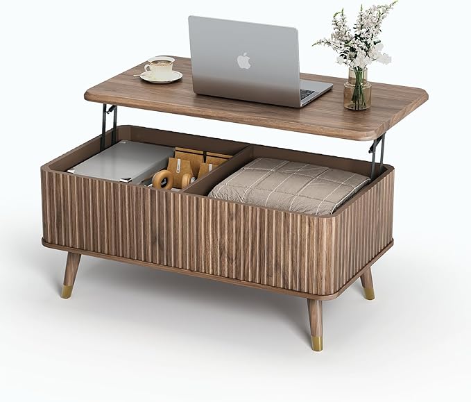 Lift Top Coffee Table with Storage, Mid Century Modern Fluted Wood Design,Pop-Up Walnut Center Table with Hidden Compartment for Living Room & Home Office Work/Dining