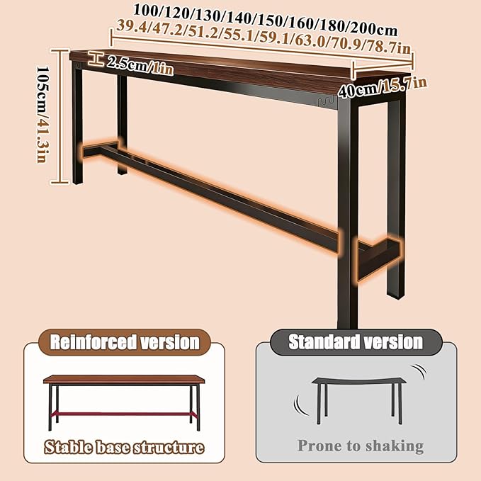 ZMHPLKH Narrow Bar Table for Small Spaces Industrial Rectangular Counter Height Table Retro Brown Wood Panel & Black Metal Frame Breakfast Bar Table for Apartments, Kitchen, Entryway