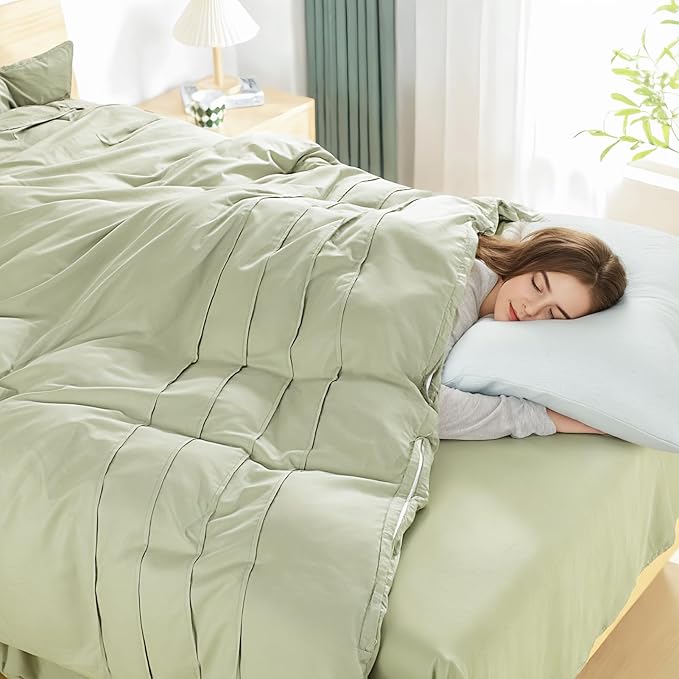 NEXHOME PRO 100% Washed Cotton Duvet Cover Twin,Linen Like Pleated Textured Sage Green Duvet Cover Set,2pc Organic Bedding Set with Zipper Closure,Soft,Lightweight Breathable(68"x90", No Comforter)