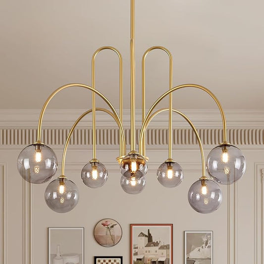 Modern Chandelier 8 Lights Gold Sputnik Light Fixture Large Luxury L41” Mid Century Smoke Glass Globe Ceiling Pendant Lighting for Foyer Staircase Living Dining Room Kitchen