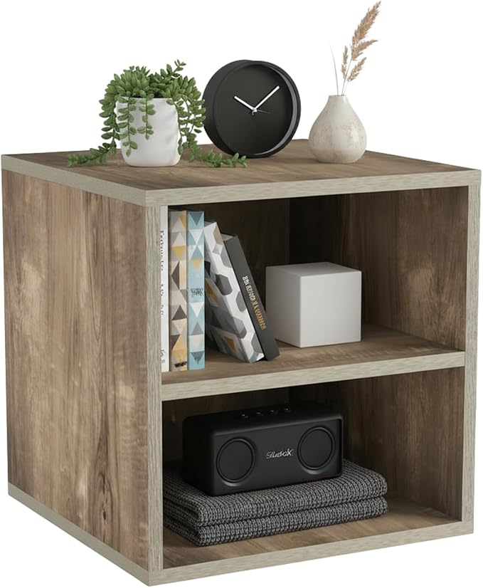 Lavish Home Cube Storage Organizer – 2-Shelf Modular Stackable Bookshelf – Minimalist Modern Nightstand & End Table, Stackable Modular Accent Table for Bedroom, Living Room, or Office (Gray Woodgrain)