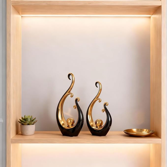 DOVDOV Black and Gold Home Decor, Abstract Ceramic 2-Piece Sculpture Set, Modern mid-Century Art Statues, Perfect for Accent Tables, countertops, Coffee Tables, and entryway Decor.