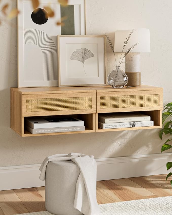 Floating Nightstand, Small Modern Floating Nightstand with Drawer, Floating Shelves for Bedroom, Bathroom (Oak Rattan)