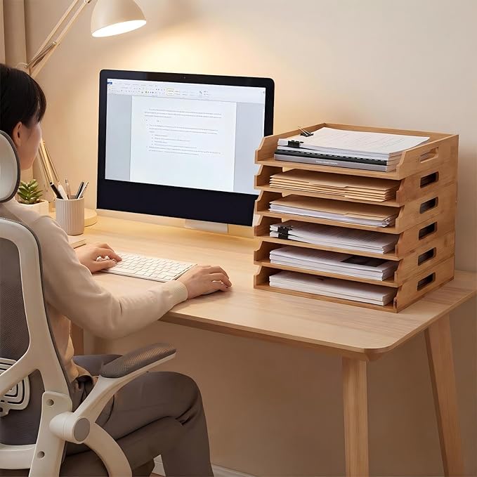 AceOrbit 6 Pcs Stackable Paper Tray Bamboo Wood Desk Organizer Letter Tray 6 Tier Wooden File Organizer Desk Shelf for Documents, Letter Sorter, Envelopes and Magazine Holder