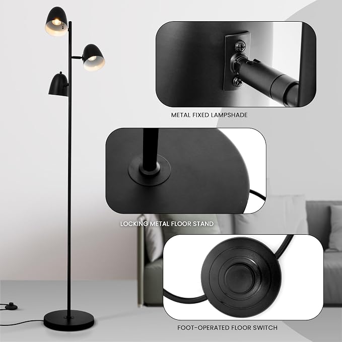 Modern Tree Floor Lamp for Living Room, 3 Lights Industrial Farmhouse Black Standing Tall Pole Lamps with Adjustable Metal Shades 70'' LED Reading Floor Lamps Decor for Bedroom Home Office