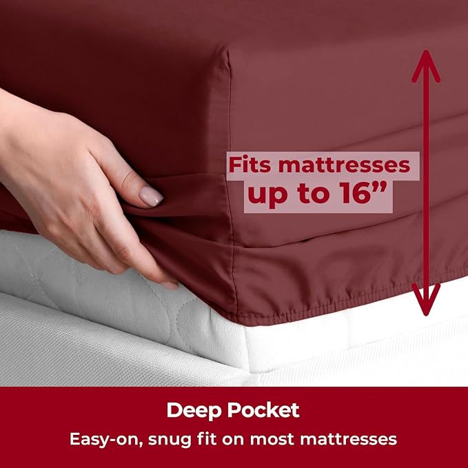 Mellanni Split King Sheets Set - 5 PC Iconic Collection Bedding - Hotel Luxury, Extra Soft, Cooling Bed Sheets - Wrinkle, Fade, Stain Resistant (Split King, Burgundy)