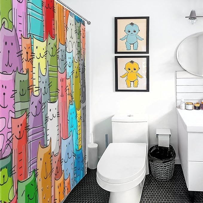Cat Shower Curtain,Cartoon Cute Cat Pets Colorful Funny Animals Bathroom Curtain Polyester Waterproof Fabric Decor 66x72in（168x183cm）