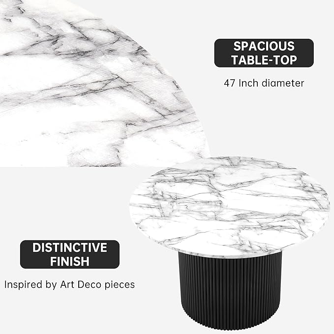 NORDICANA 3-Piece Round Dining Table Set for 2, Modern 47-Inch Kitchen Table and Chair Set, Dining Set with Off White Upholstered Armchairs, Manufactured Wood Top with White Marble Effect Finish