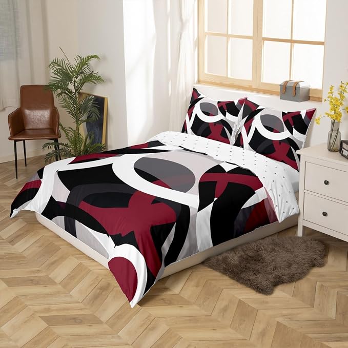 Geometric Circle Bedding Set for Girls Boys Kids Modern Retro Grommet Comforter Cover Grey Red Black Stripe Line Art Duvet Cover Room Decor Abstract Stripes Swirl Bed Set King Size 3Pcs (No Comforter)