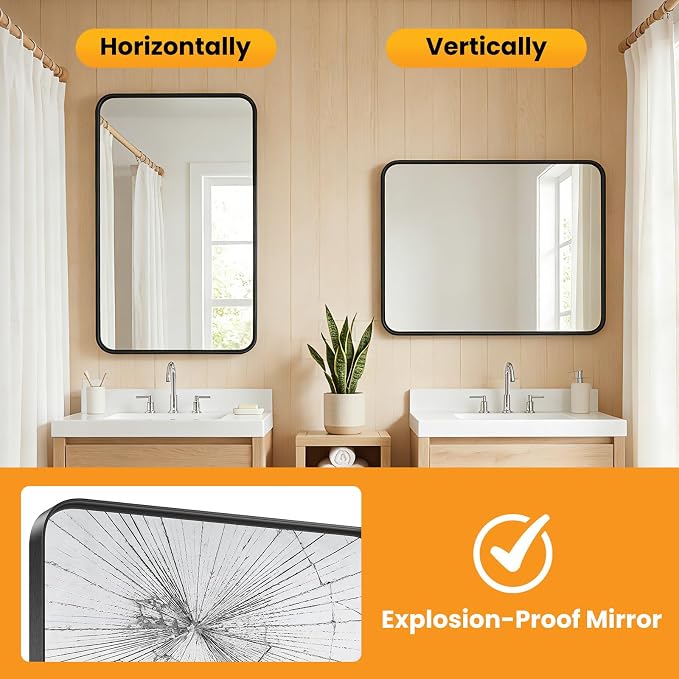 22"x 30" Black Bathroom Mirror for Sink, Rectangle Vanity Mirror for Wall, Over Sink, Farmhouse, Restroom, Anti-Rust, Modern Decorative, Horizontal or Vertical Hanging