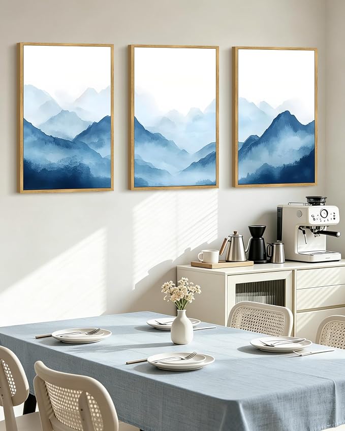 KUVIOKE Blue Watercolor Mountains in Fog Framed Wall Art Wilderness Nature Landscape Painting Rustic Scenic Relax Cool Room Decor for Bedroom Dining Room 24x36in (Natural Framed)