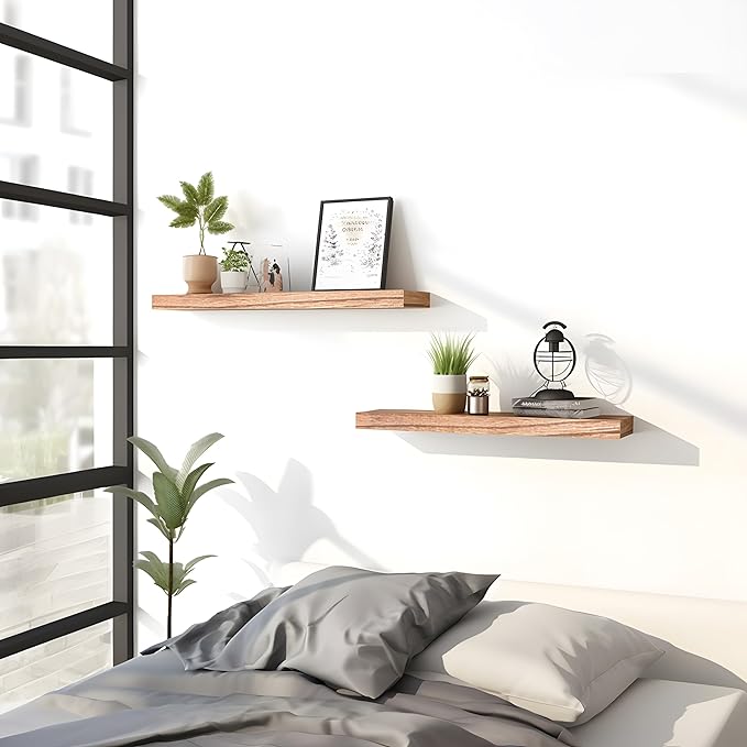 PHPH Wood Floating Shelves for Wall, Wooden Wall Shelves for Bedroom, Set of 6 Light Brown 17 Inch