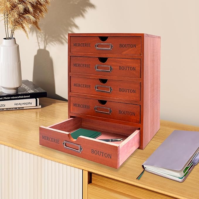 Vintage Wooden Drawers Organizer, 16-Drawer Desktop Storage Box With Drawers, Iron Label Holders, Apothecary Cabinet For Countertop Tea Coffee Pod Storage(5-Drawer/Brown)