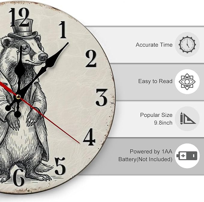 Dapper Badger Vintage Wooden Wall Clock Silent Non Ticking - Rustic Farmhouse Frameless Battery Operated Art Decor for Living Room, Office, Bedroom, Gift