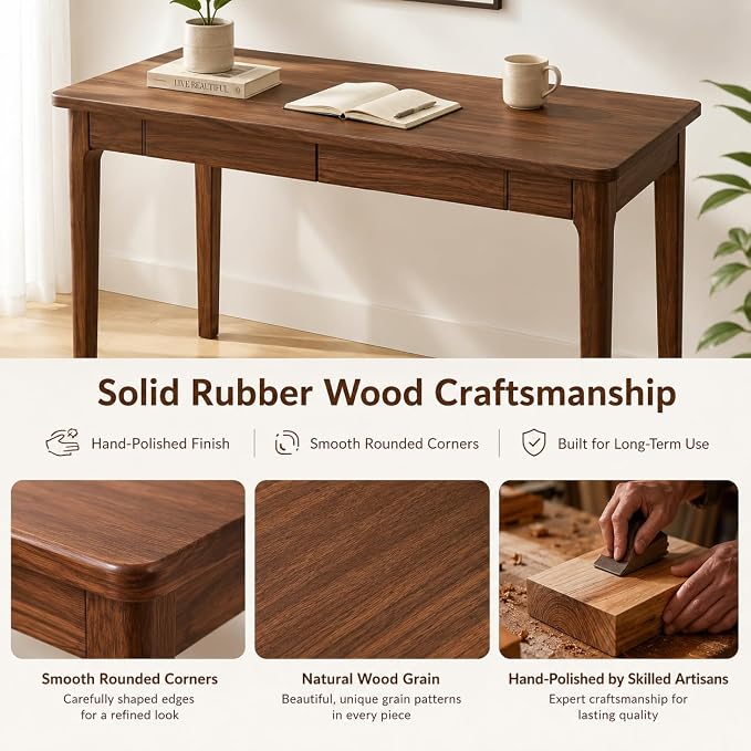 Mid Century Modern Desk with Drawers,47.2 inch Solid Wood Writing Desk for Home Office Bedroom,Small Computer Desk for Spaces Easy Assembly Walnut