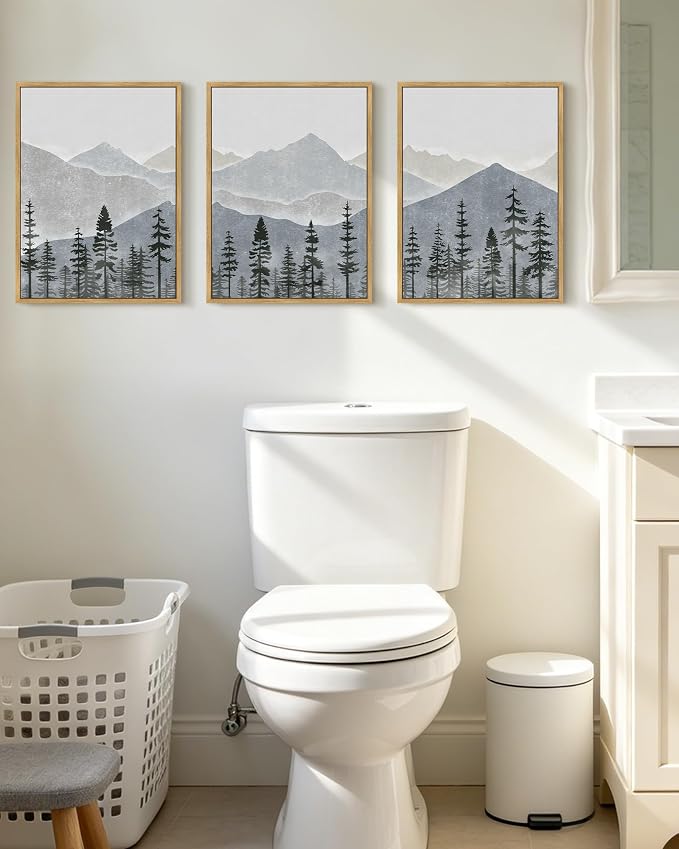 KUVIOKE Mountain Landscape Framed Wall Art Watercolor Nature Forest Painting Boho Farmhouse Rustic Room Decor for Bedroom Dining Room 12x16in (Natural Framed)