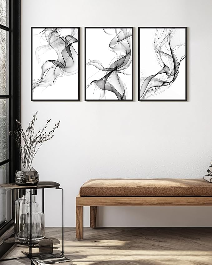 KUVIOKE Black White Abstract Framed Canvas Wall Art Ink Wash Pastel Wall Decor Modern Transparent Fog Illustration Art Painting for Bedroom Dining Room 16x24in (Black Framed)