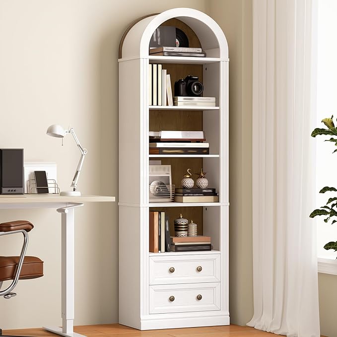 RALGEND Tall Narrow Bookshelf, Arched Bookshelf with 2 Drawers, 7-Tier Farmhouse Arch Bookcase, Wooden Book Shelf with Open Display Shelves for Office, Living Room, Kitchen, White and Walnut