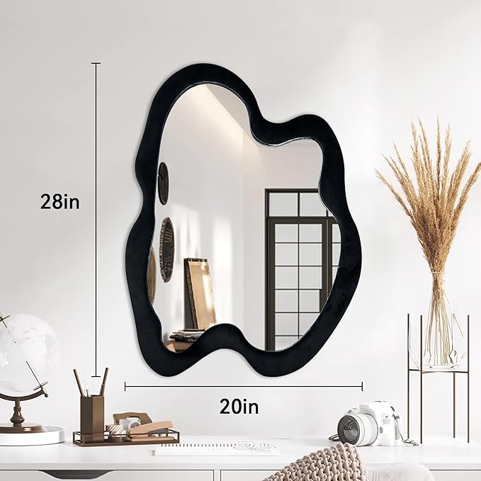 Irregular Wall Mirror Asymmetrical Mirror, Black Wavy Mirror with Flannel Frame, Decorative Wall Mirror for Bedroom, Livingroom, Entryway, 20"x 28"